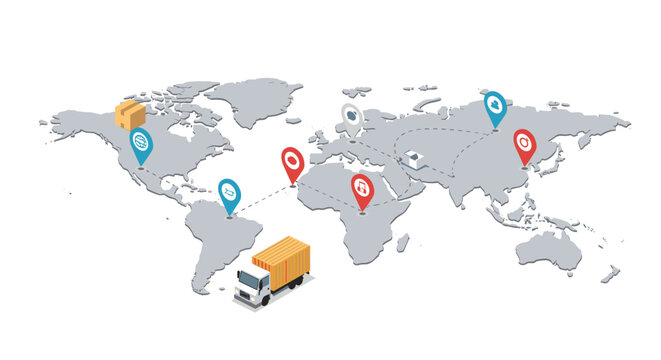 Global logistics map with delivery icons and transport routes