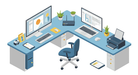 Isometric home office workspace with dual monitors and modern furniture