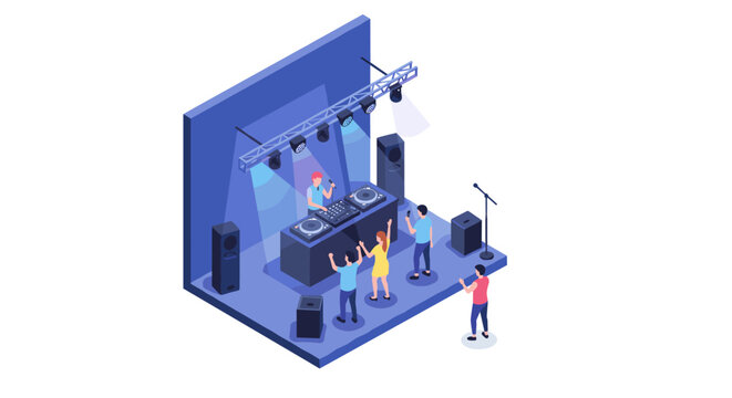 Isometric nightclub scene with dj and dancing crowd
