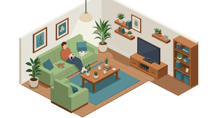 Cozy living room scene with a person relaxing with pets in modern isometric design