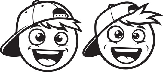 Minimalist black and white smiley face icons – playful cartoon expressions with baseball caps, wide eyes, and quirky hair.