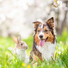 A playful dog and rabbit frolic together in a field of green grass, against a backdrop of white blossoms. The scene captures a sense of friendship and joy.