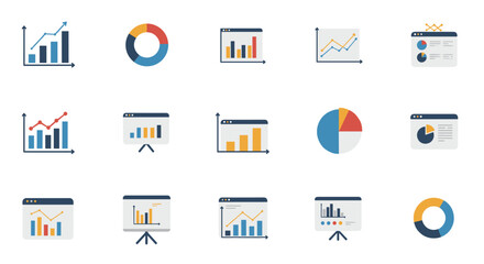 Stylish flat design graph and chart icons for data analysis and presentation