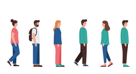 Obraz premium Diverse people walking in profile view on white background