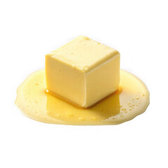 Perfectly cubed pale yellow butter melting and spreading on a light surface