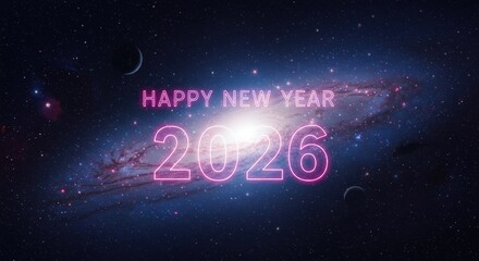 Happy new year 2026 celebration with a galaxy background and cosmic elements