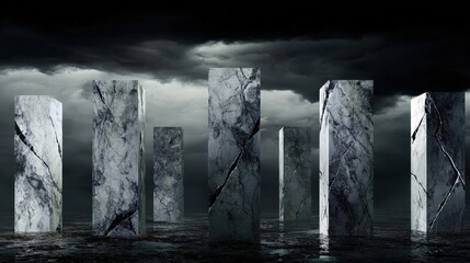 Mysterious Pillars in Storm: A dramatic scene unfolds as weathered stone pillars stand defiantly amidst a tumultuous sea under a stormy sky. Reflecting the power of nature and ancient mystery.
