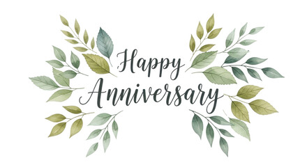 Elegant Happy Anniversary floral design with watercolor leaves perfect for cards and invitations