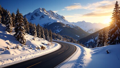 empty road in the mountains winter snowy day