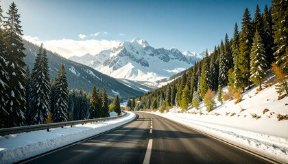 empty road in the mountains winter snowy day