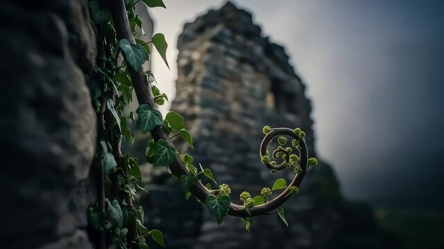 A close-up of a vibrant green fern fiddlehead unfurling and ivy climbing on a stone wall, with ancient ruins blurred in the background.