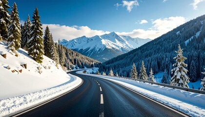 empty road in the mountains winter snowy day