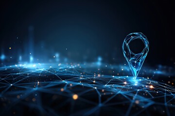 Futuristic glowing digital map pin marker over a network of illuminated lines and glowing points in a dark digital landscape