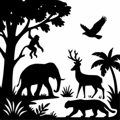 Wild nature vector illustration with black silhouettes of various animals like deer and elephant