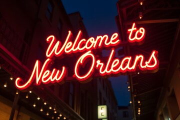 Neon “Welcome to New Orleans” glowing above French Quarter architecture.