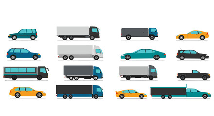 Diverse collection of cartoon vehicles featuring cars, trucks, and buses in flat design