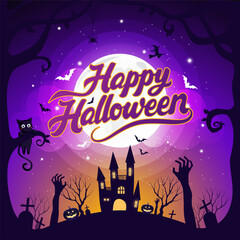 Halloween element design on full moon background with Happy Halloween calligraphy, Trick or Treat Concept, vector illustration
