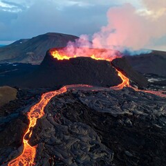 Volcanic Eruption Flowing Lava Iceland Landscape.
