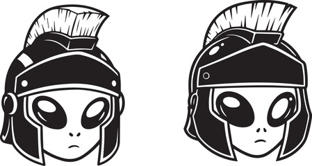 Minimalist black and white alien warrior icons – sci-fi Roman helmet silhouettes with bold eyes and historical fusion.