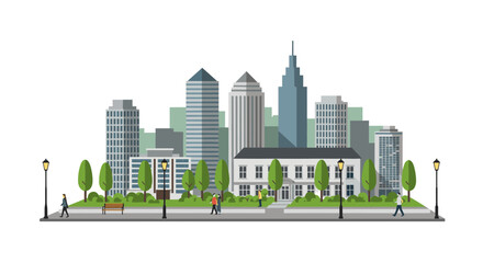 Obraz premium Modern cityscape with park and skyscrapers in flat design style