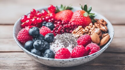 A Delightful Array of Berries and Nuts: A vibrant assortment of fresh berries and nuts artfully arranged in a rustic ceramic bowl, capturing the essence of wholesome goodness.
