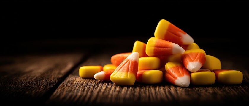 Colorful Candy Corns Spilled on Dark Wooden Surface with Black Background for Halloween and Autumn Decor