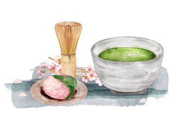 抹茶と桜餅、桜の花の水彩画
