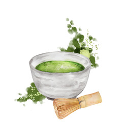 抹茶と茶筅の水彩画、抽象的な背景