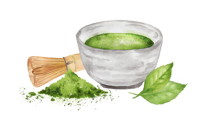 抹茶と茶筅、抹茶パウダー、お茶の葉の水彩画