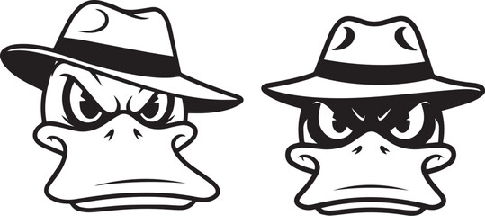 Minimalist black and white detective duck icons – stern cartoon faces with fedora hats and expressive, mysterious eyes.