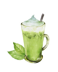 アイス抹茶ラテにお茶の葉を添えた水彩画