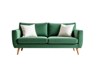 A green sofa featuring two pillows placed Isolated on Transparent or White Background