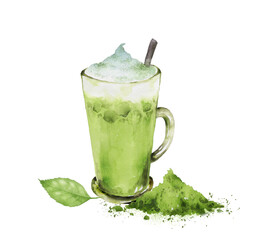アイス抹茶ラテと抹茶パウダー、葉っぱの水彩画