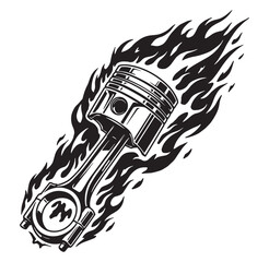 Black and white illustration of a piston engine with flames representing speed and power