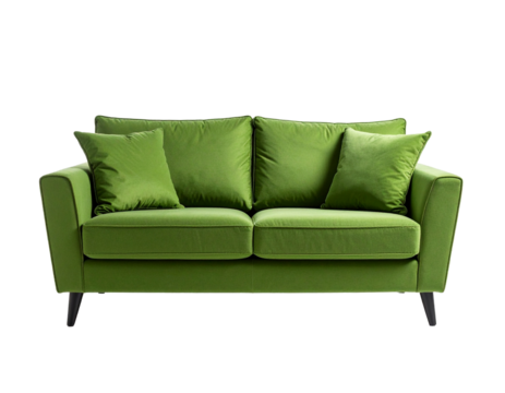 A green sofa featuring two pillows placed Isolated on Transparent or White Background