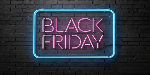 Fototapeta premium Vibrant Neon Black Friday Sign Illuminating Dark Brick Wall Background Captivating Typography and Festive Atmosphere Creates Excitement for Shopping