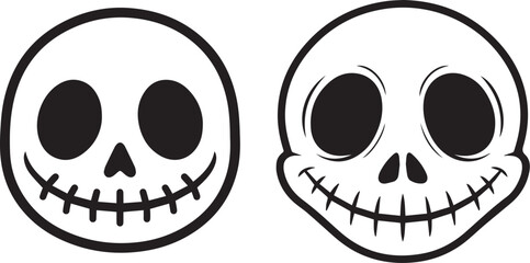 Minimalist black and white stitched skull icons – cartoon-style spooky faces with hollow eyes and subtle shape variations.