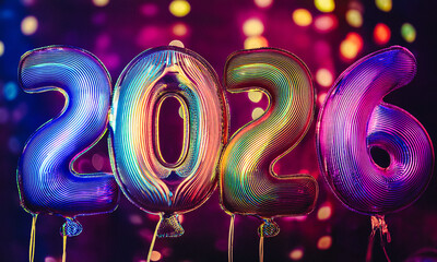 colorful  ballon  glow neon color " 2026  " festive background