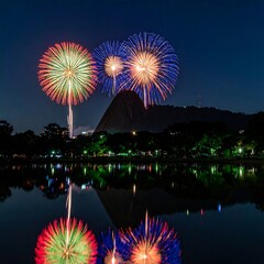 Night Fireworks Display Over Lake and Mountain