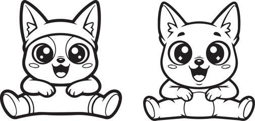 Minimalist black and white animal character icons – playful seated creatures with wide eyes, open mouths, and quirky head details.