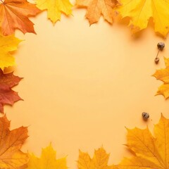 Fototapeta premium Golden maple leaves in a circular arrangement, framed with an open space on a simple, warm-toned background. It is perfect to write and promote some messages