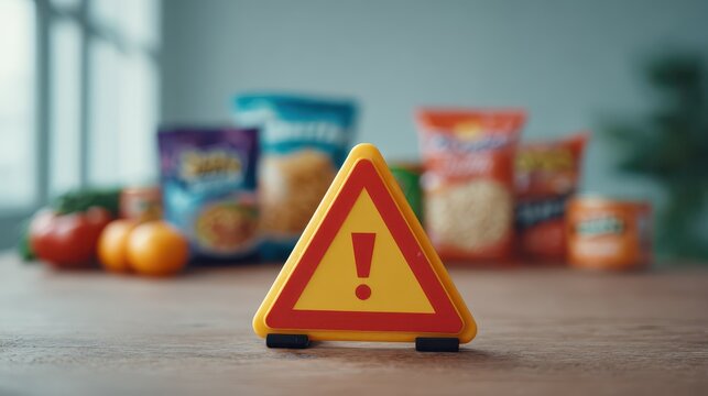 A warning sign and processed food symbolizing the dangers of consuming processed foods that cause various health problems, including carcinogens.