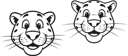 Minimalist black and white leopard face icons – expressive cartoon big cat duo with playful features and spot variations.