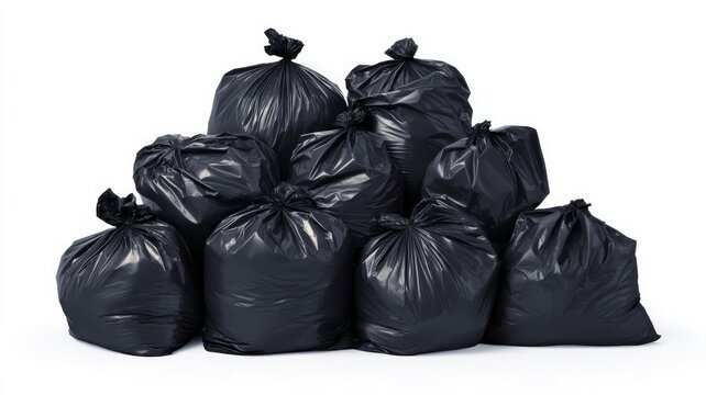Pile of black garbage bags on white background. Neural network AI generated