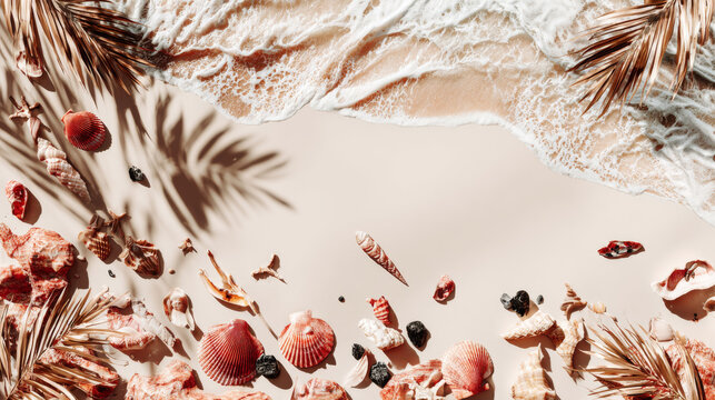 Summer sale banner template. Top view on sea beach with soft waves. Beautiful background with seashells on sea sand. Vector illustration with plant's shadows. Seasonal discount offer. - Powered by Adobe
