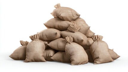 Burlap sacks piled on white background. Neural network AI generated