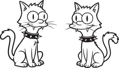 Minimalist black and white vampire cat icons – fierce cartoon silhouettes with spiked collars and sharp fangs.