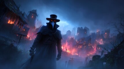 Fototapeta premium Plague Doctor Silhouette: A figure in a plague doctor's attire stands ominously amidst a chaotic cityscape consumed by fire, its ominous presence dominating the scene. 