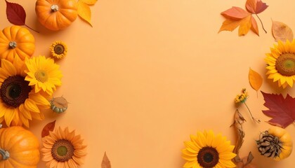 Fototapeta premium Autumn harvest season, showcasing pumpkins, sunflowers, and falling leaves creating a vibrant composition with a soft warm tone