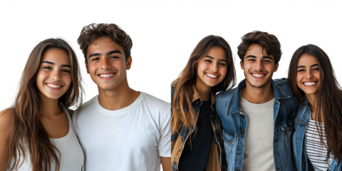 Young Latin friends in studio happy, smiling and cheerful isolated on a transparent background